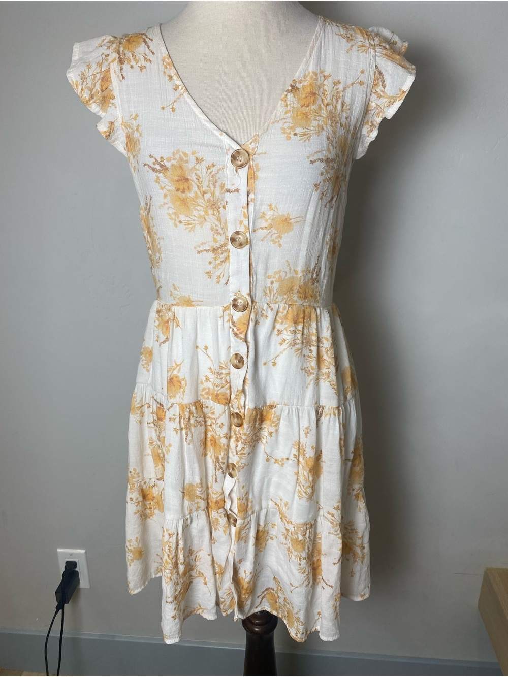 Sweet Wanderer White Dress with Mustard Floral Print M